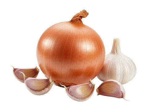 Fresh onion and garlic arrangement with cloves. Cut out PNG