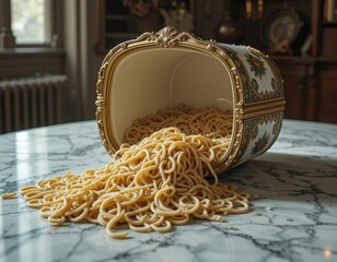Spaghetti spilling from a decorative container onto a marble surface in a well lit room setting