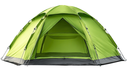 Bright lime-green dome tent, open