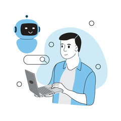 Man chatting with AI robot via laptop. Digital communication, artificial intelligence support, smart tech solutions, and human computer interaction concept. Flat vector concept illustration