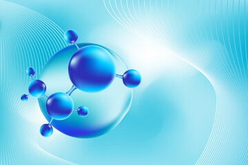 Blue 3D hyaluronic acid molecule icon, liquid collagen serum formula, Cosmetic moisturizer product background with copy space. Aesthetic skincare treatment banner. Beauty science molecular concept