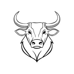 Naklejka premium Detailed black and white line art illustration of a bull head featuring strong horns and a powerful presence in a modern style