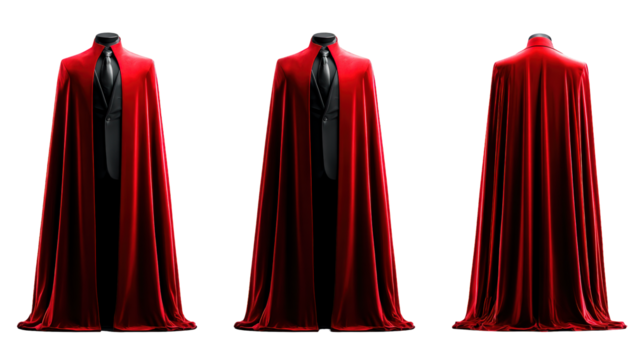 Elegant Man in Red Velvet Cloak Standing on Transparent Background for Costume or Theater Presentation