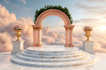 Natural beauty podium backdrop for product display. dreamy background. Romantic scene. Generative AI
