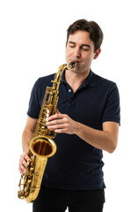 Fototapeta premium Young caucasian male playing saxophone in black polo shirt. Cut out PNG