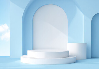 Abstract blue background with white podium for product presentation mockup,