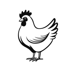 Fototapeta premium Simple black and white illustration of a standing hen viewed from the side showing plumage and comb with clear lines and distinct detail