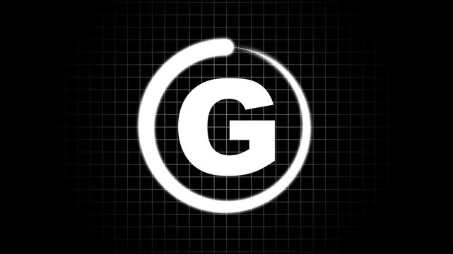 Dynamic Circular Animation with Glowing Letter G Futuristic Light Trail with Typography G on Grid Abstract Circular Motion Around Bold Letter G on the black background.