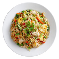 Chicken and vegetable fried rice served on transparent background