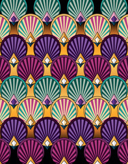 Colorful Art Deco Fan Pattern with Geometric Jewels