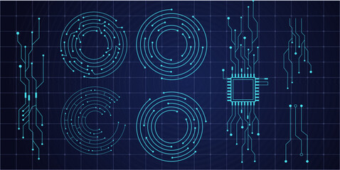 Circuit board circle line dots connection set .Futuristic ui Motherboard electronic technology data, electrical board, cpu. Programming science, computer system elements
