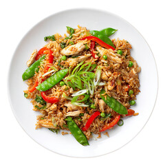 Chicken and vegetable fried rice served on transparent background