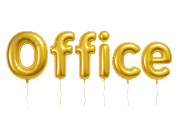 Golden Foil Balloons Spelling Out "Office" Suspended by Strings, Symbolizing Business and Workplace Concepts