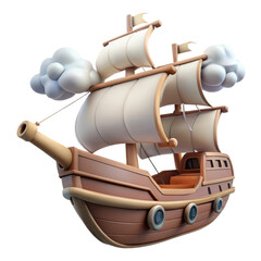 Naklejka premium Cartoon pirate ship illustration with sails and clouds for kids adventure game asset design vector art