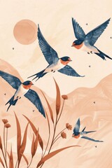 Family of Swallows Soaring Together in Warm Evening Light