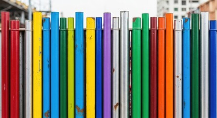 Colorful Pipes of Architectural Array: A vivid close-up showcases a vibrant array of colored pipes, meticulously arranged in a row, creating an artistic and geometric composition