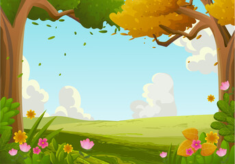 Cartoon nature landscape vector illustration. With green meadow, grass, flowers and trees  farm, village countryside for kids theme background.