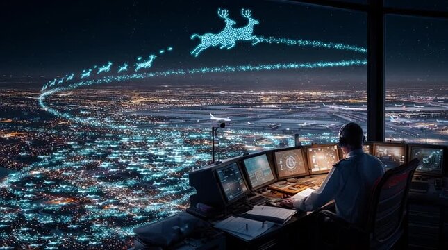 Air traffic controller in a night-time control tower monitors a holographic radar packed with airplane icons during the holiday rush, while a glowing sleigh with a reindeer trail appears among them.
