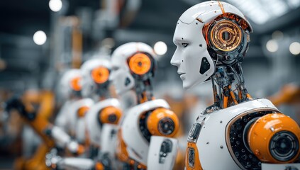 Fototapeta premium Row of advanced robots in a factory setting. Detailed robotic heads and torsos, white and orange