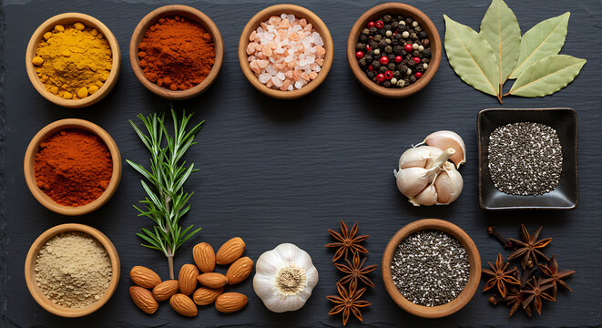 meticulously arranged top view of assorted gourmet food ingredients on a rustic dark slate background.