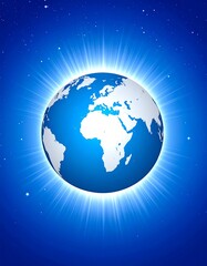 Fototapeta premium Bright Earth globe with light rays and stars on a blue background, symbolizing global connection, peace, and hope.