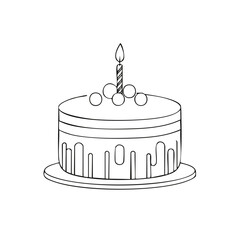 Simple black and white line art illustration of a birthday cake with candle and decorative balls on top