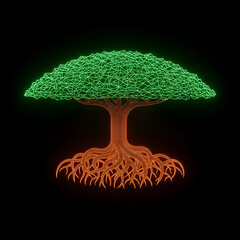 Flat Neon Tree with Coiled Glowing Roots
