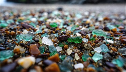 Close-up of colorful glass shards on a beach