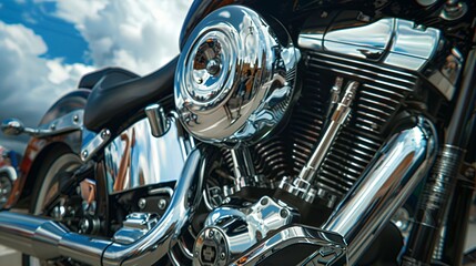 Chrome Motorcycle Engine Detail Against Sky