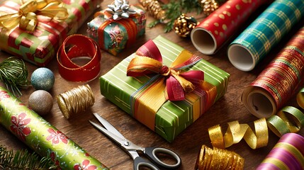 Christmas gift wrapping station with ribbons bows scissors colorful wrapping paper cozy warm atmosphere