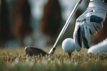 Close-up of golfer's hand placing golf ball on tee.  Golf club and grass visible