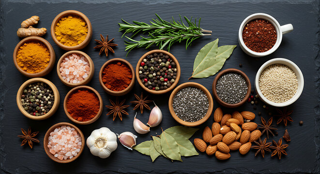 meticulously arranged top view of assorted gourmet food ingredients on a rustic dark slate background. - Powered by Adobe