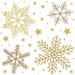 A repeating pattern of gold-colored snowflakes and stars on a white background.