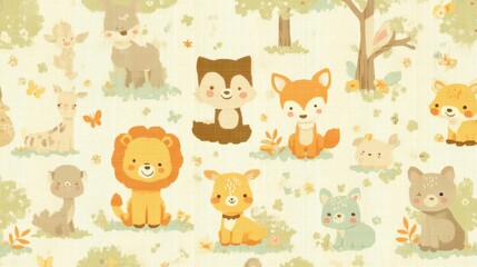 Fototapeta premium Playful animal characters in a charming forest setting cute illustration whimsical environment colorful viewpoint