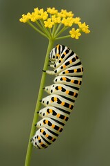 Black and yellow striped caterpillar on green stem with yellow flowers