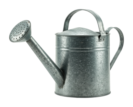 Rustic metal watering can with handle and spout for garden use. Cut out PNG