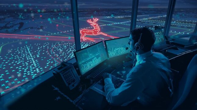 Air traffic controller in a night-time control tower monitors a holographic radar packed with airplane icons during the holiday rush, while a glowing sleigh with a reindeer trail appears among them.
