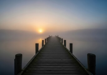 Wooden pier stretches into the foggy lake at sunrise in a tranquil scene