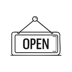 Hanging open sign in black line art indicating a business is open for customers