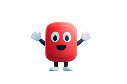 Cartoon Red Robot Character Smiling Cheerfully with Wide Eyes and Outstretched Arms in Studio Setting