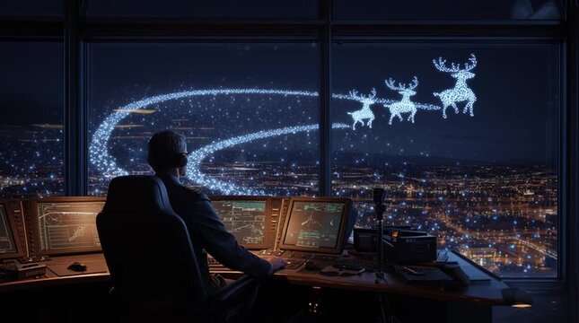 Air traffic controller in a night-time control tower monitors a holographic radar packed with airplane icons during the holiday rush, while a glowing sleigh with a reindeer trail appears among them.
