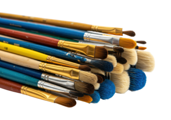 Colorful set of various paintbrushes for artistic and creative projects. Cut out PNG