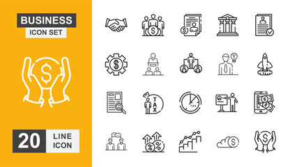 Business icon set. Contract, leadership, manager, planning, strategy, solution, chart and more line icon.