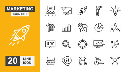 Marketing icon set. Strategy, connection, idea, communication, megaphone, promotion and more line icon.