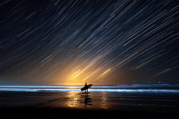 Fototapeta premium A long exposure shot of a surfer silhouetted against a starlit sky, creating streaks of light from distant waves.