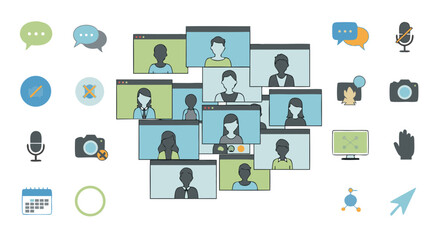 Fototapeta premium Diverse participants engaging in a virtual meeting, communicating and interacting through digital screens and various communication icons