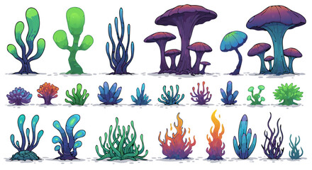 Fototapeta premium Enchanting Alien Flora Collection: A Set of Fantastical Botanical Elements for Imaginative Worlds
