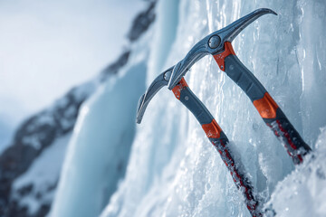 A close-up of ice axes biting into a frozen waterfall, showcasing the precision and danger of ice climbing.