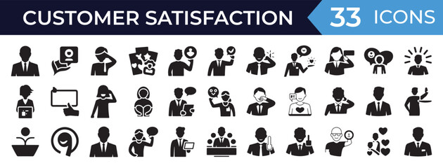 Customer Support and Satisfaction Icon Set, Mixed Style Silhouette Vector for Web Help and User Service