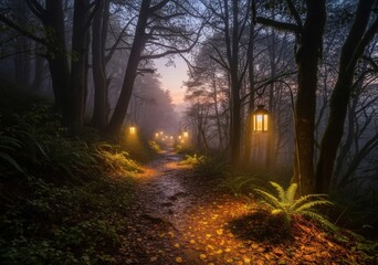 Fototapeta premium A path in a dark forest illuminated by lanterns at dusk